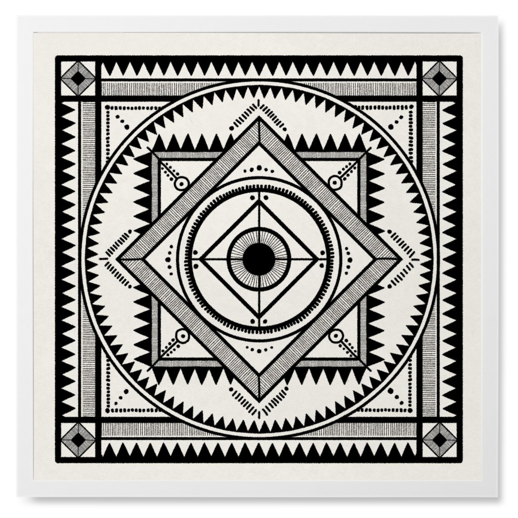 Tribal Geometric Tile Iii Photo Tile, White, Framed, 8x8, Beige