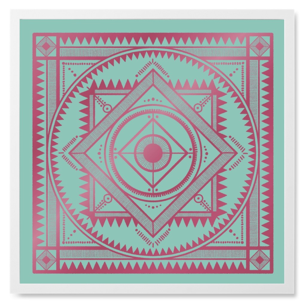 Tribal Geometric Tile Iii Photo Tile, White, Framed, 8x8, Green