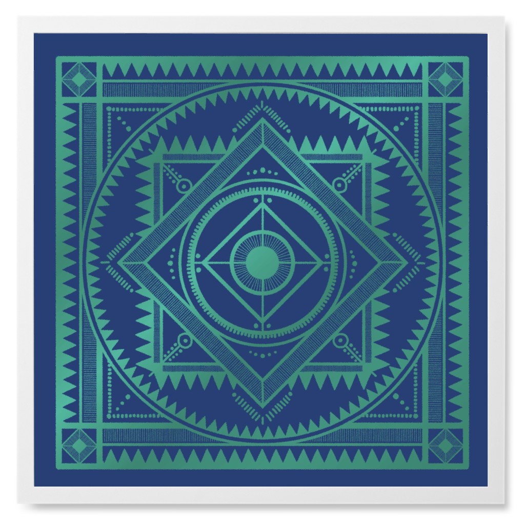 Tribal Geometric Tile Iii Photo Tile, White, Framed, 8x8, Blue