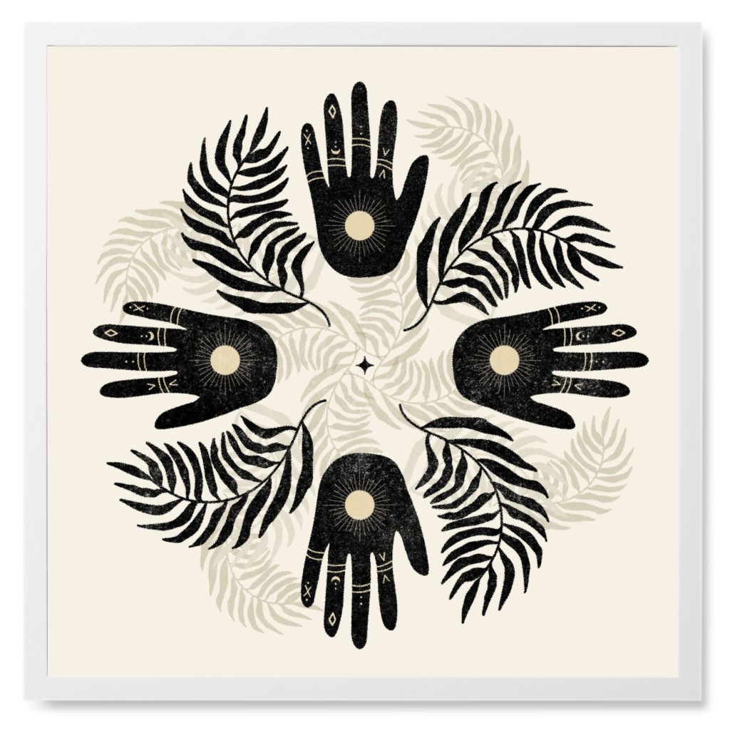 Abstract Palm Mandala - Cream and Black Photo Tile, White, Framed, 8x8, Beige, Pearl