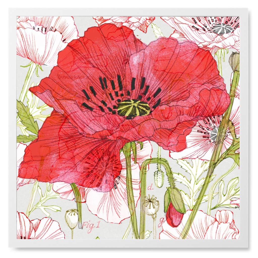Poppies - Red Photo Tile, White, Framed, 8x8, Red