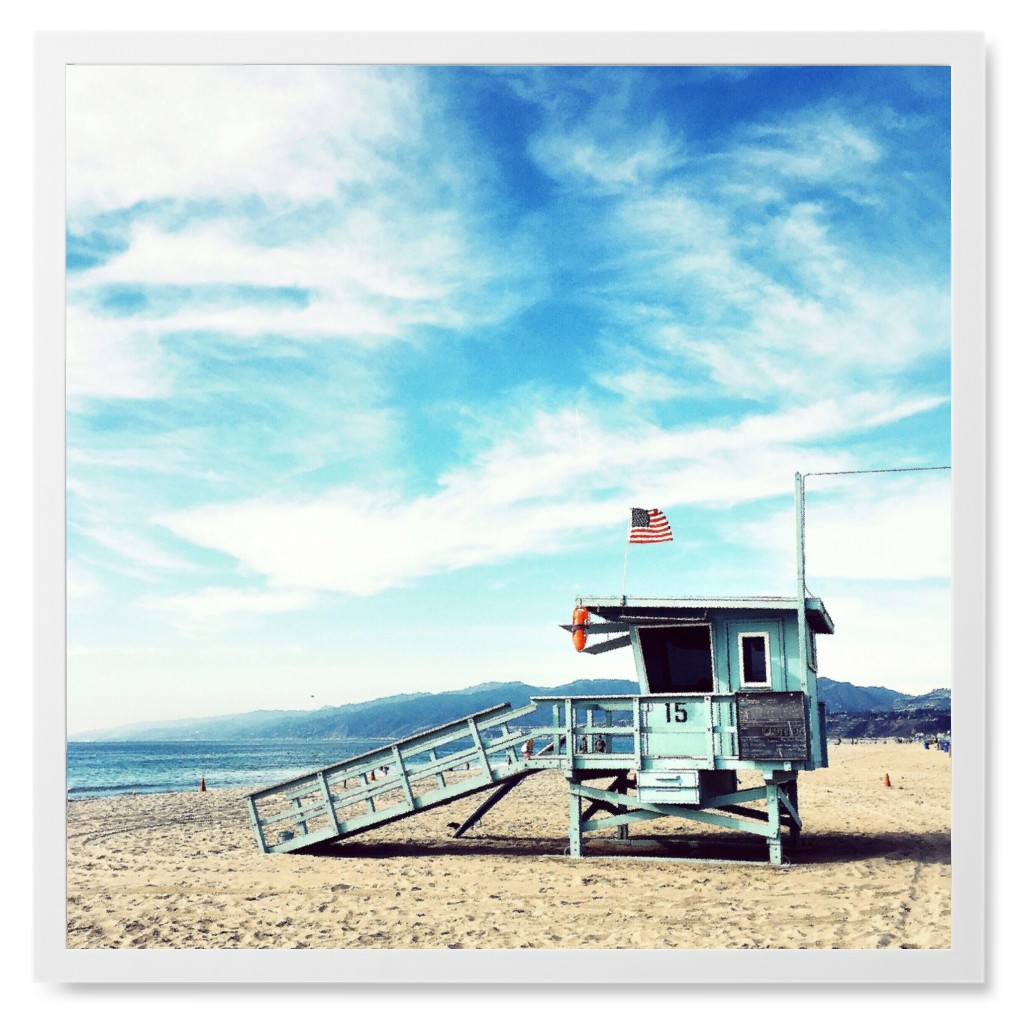 Post on the Beach Photo Tile, White, Framed, 8x8, Blue