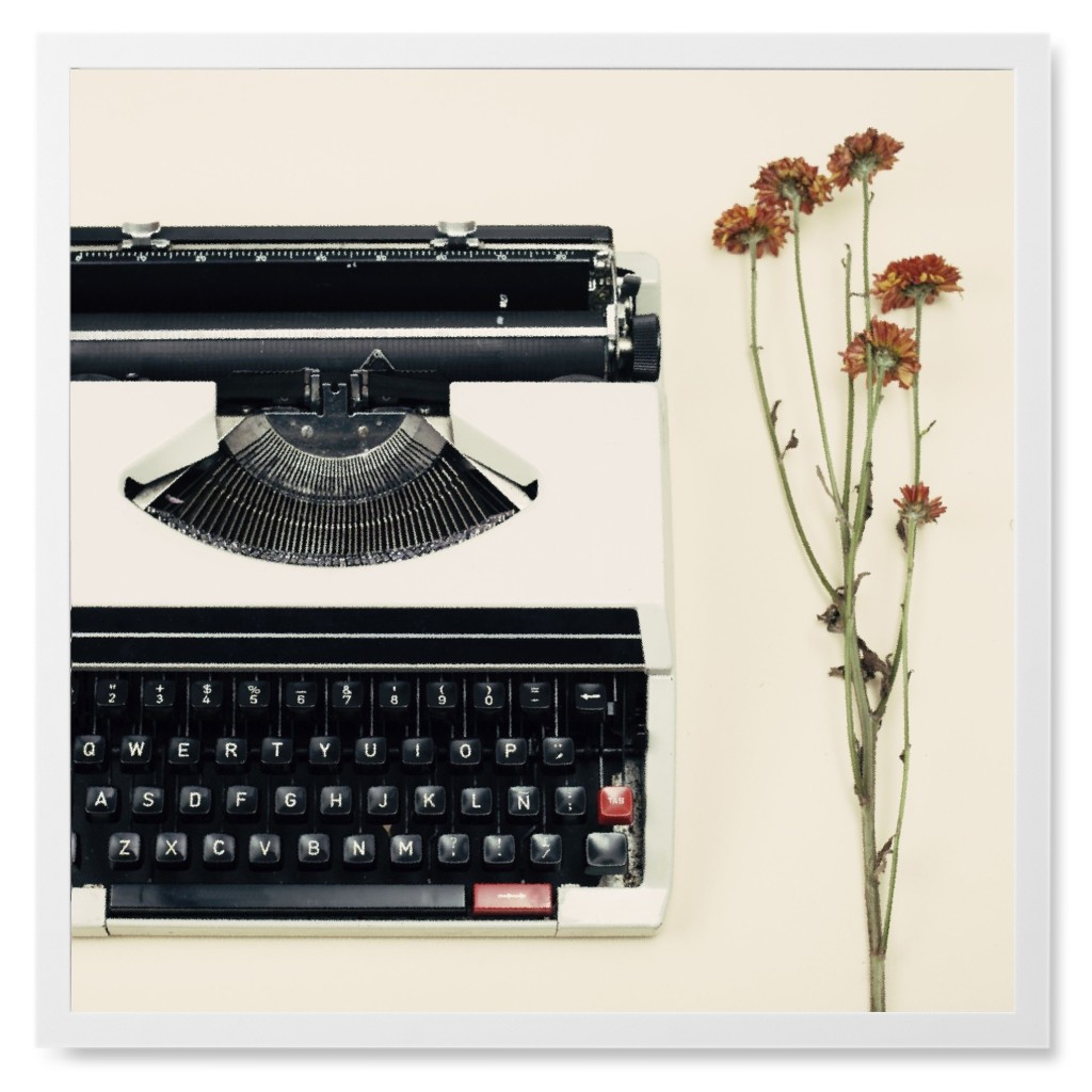 Vintage Typewriter and Flower Photo Tile, White, Framed, 8x8, Beige