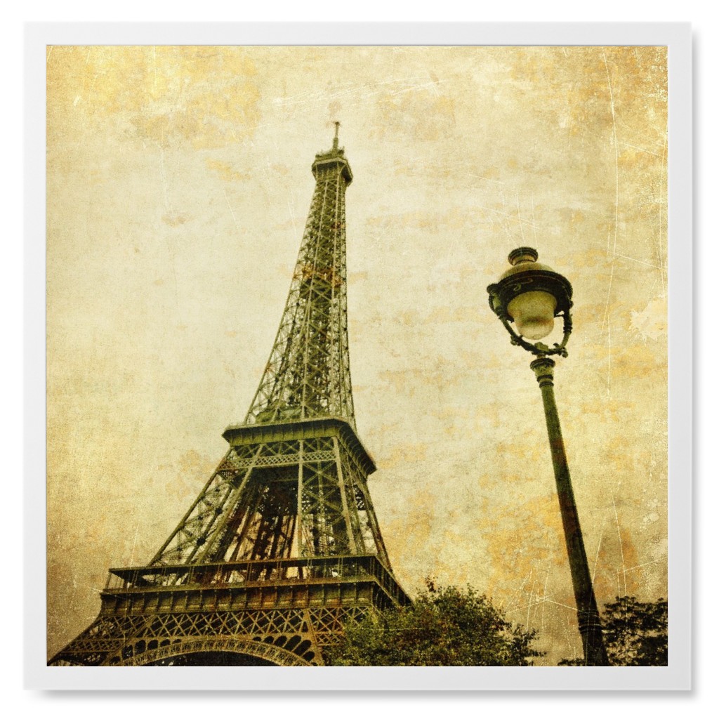 Vintage Eiffel Tower and Light Post Photo Tile, White, Framed, 8x8, Beige