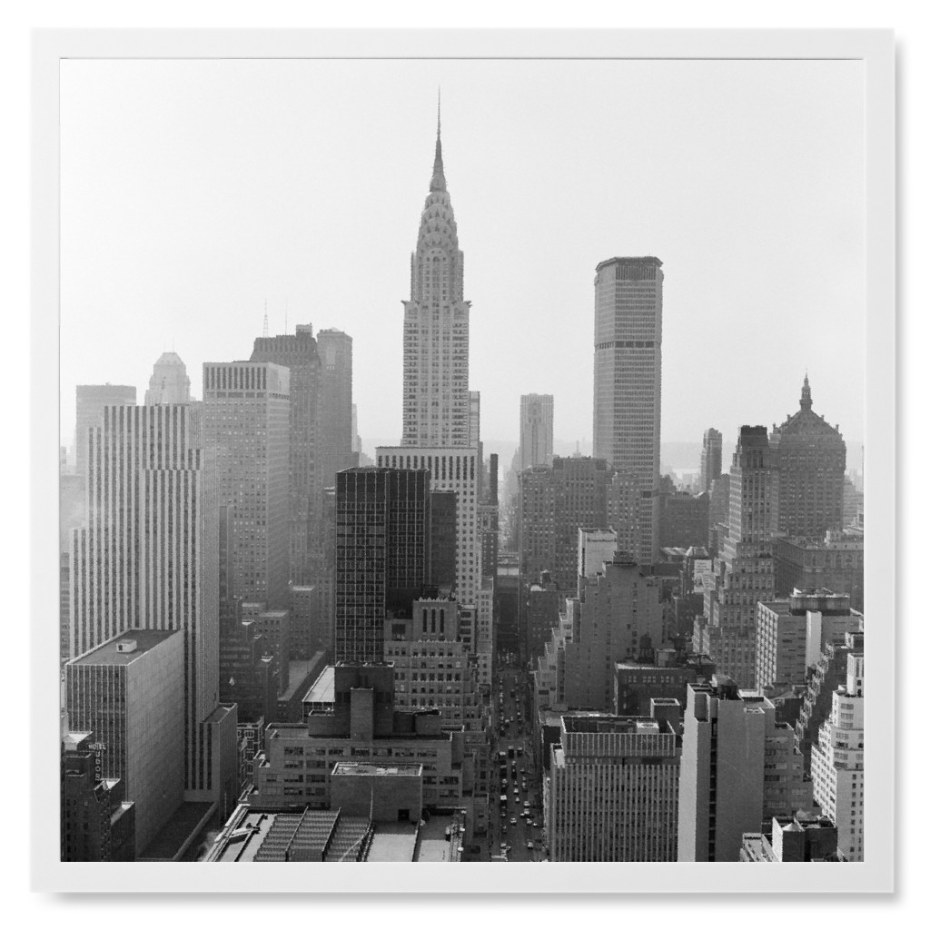 Hazy New York Skyline Photo Tile, White, Framed, 8x8, Gray