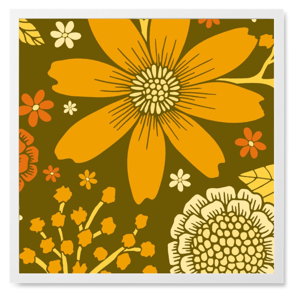 1970s Retro Flowers - Yellow, Orange & Olive Green Photo Tile, White, Framed, 8x8, Orange