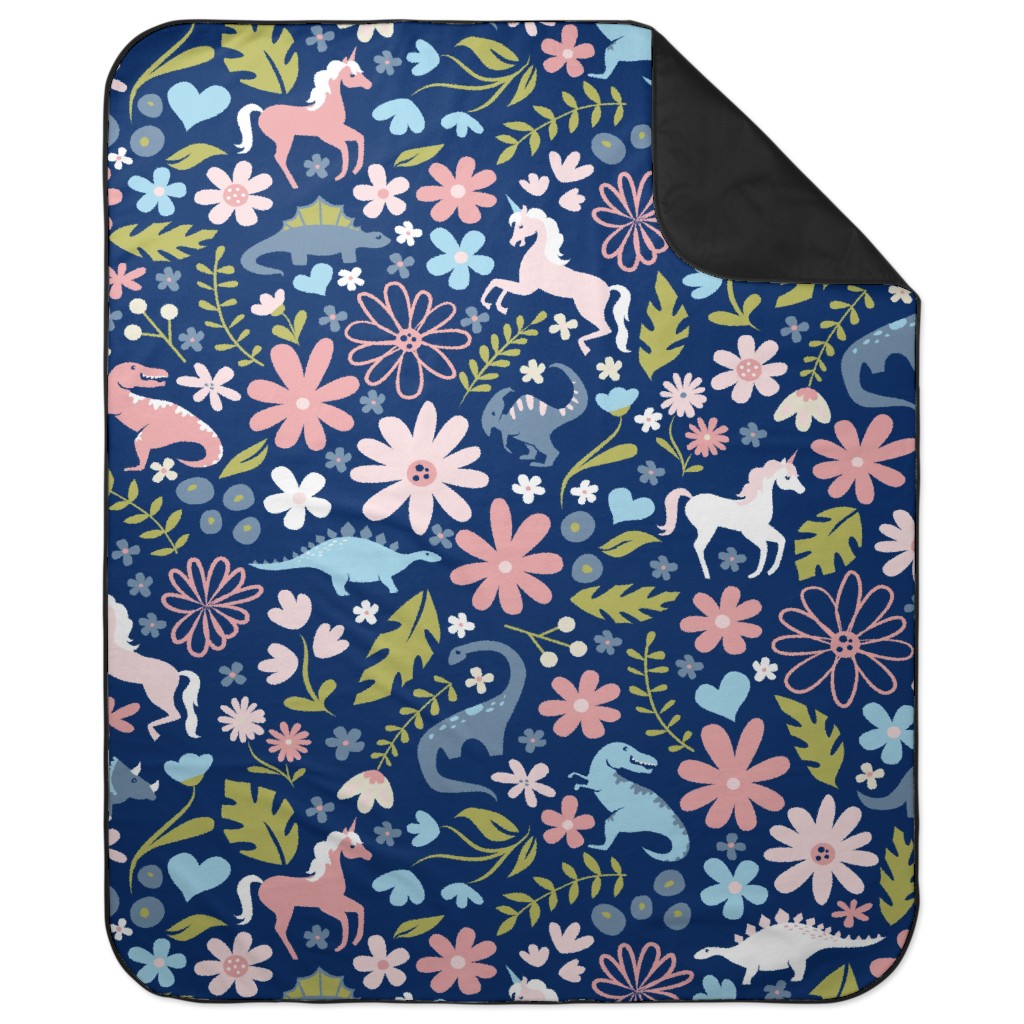 Dinosaurs and Unicorns - Dark Blue Picnic Blanket, Multicolor