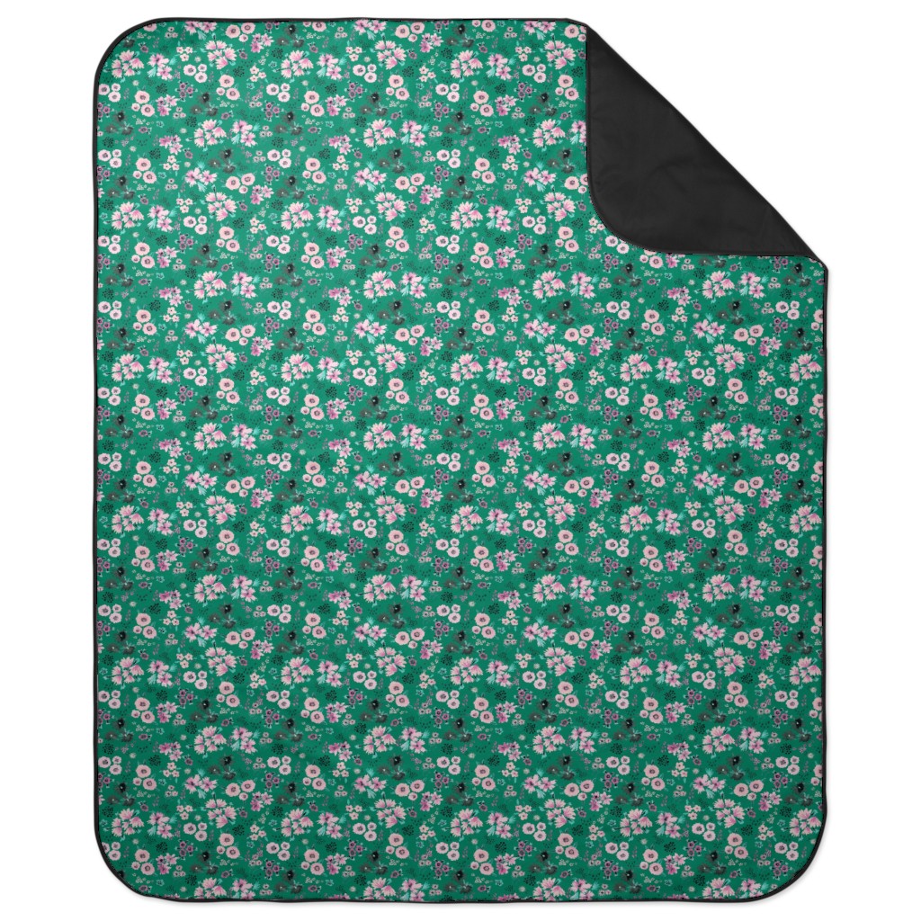 Artful Little Flowers - Green Picnic Blanket, Green