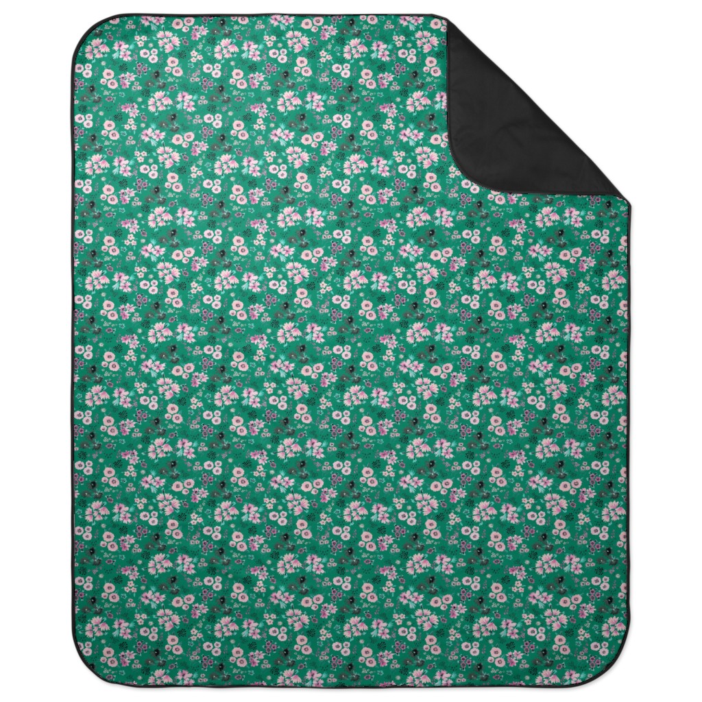 Artful Little Flowers - Green Picnic Blanket, Green, Classic Green