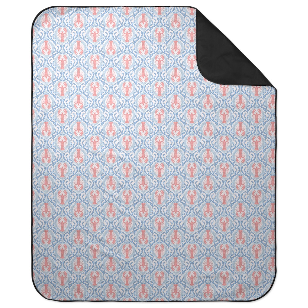 Lobster and Seaweed Nautical Damask - White, Coral Pink and Cornflower Blue Picnic Blanket, Blue, True Blue