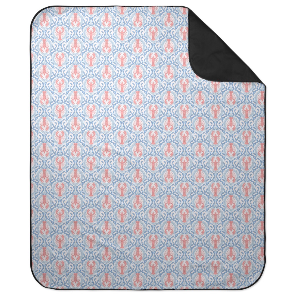 Lobster and Seaweed Nautical Damask - White, Coral Pink and Cornflower Blue Picnic Blanket, Blue