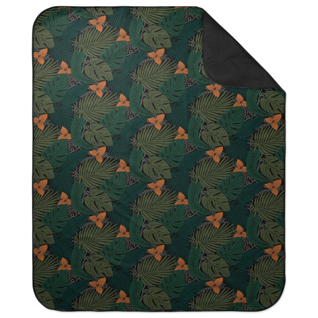 Moody Tropical Floral - Orange on Black Picnic Blanket, Green