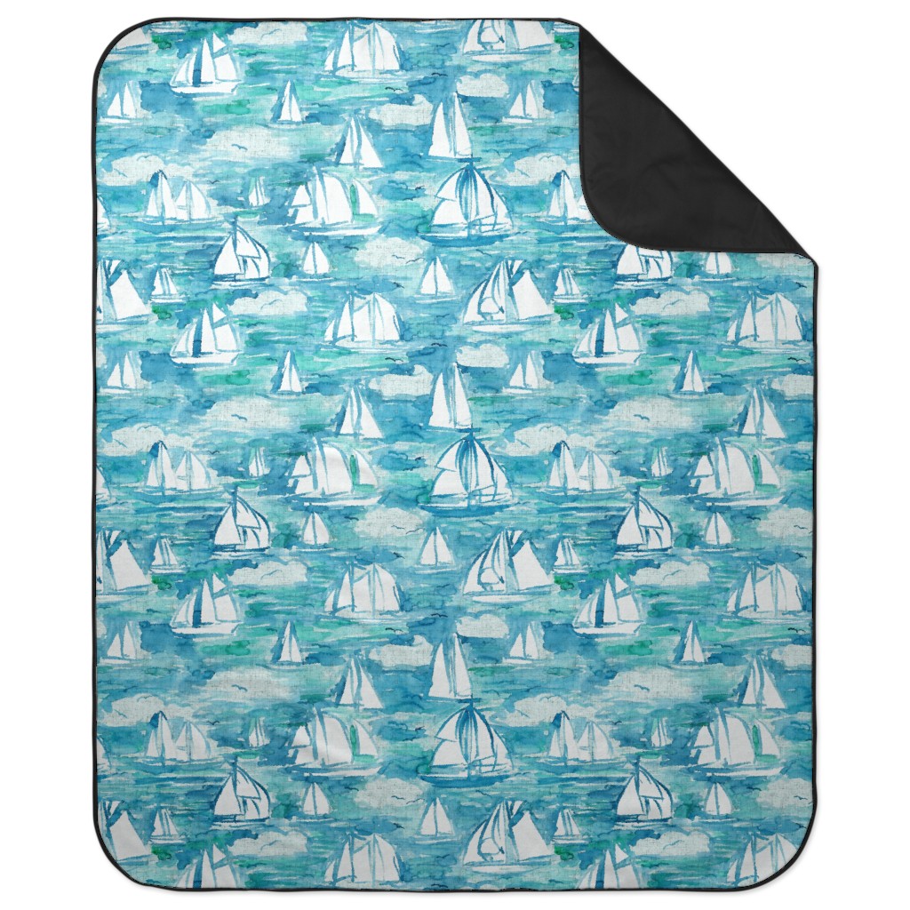 Sailboats Sailing Watercolor Loosely Painted - Blue Picnic Blanket, Blue