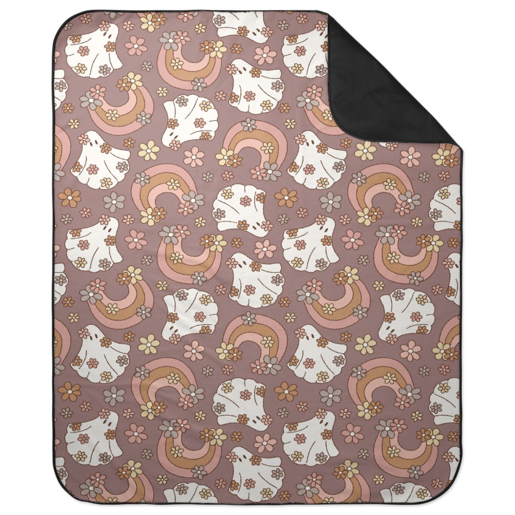 Boho Floral Ghosts Picnic Blanket, Purple, Faded Rose