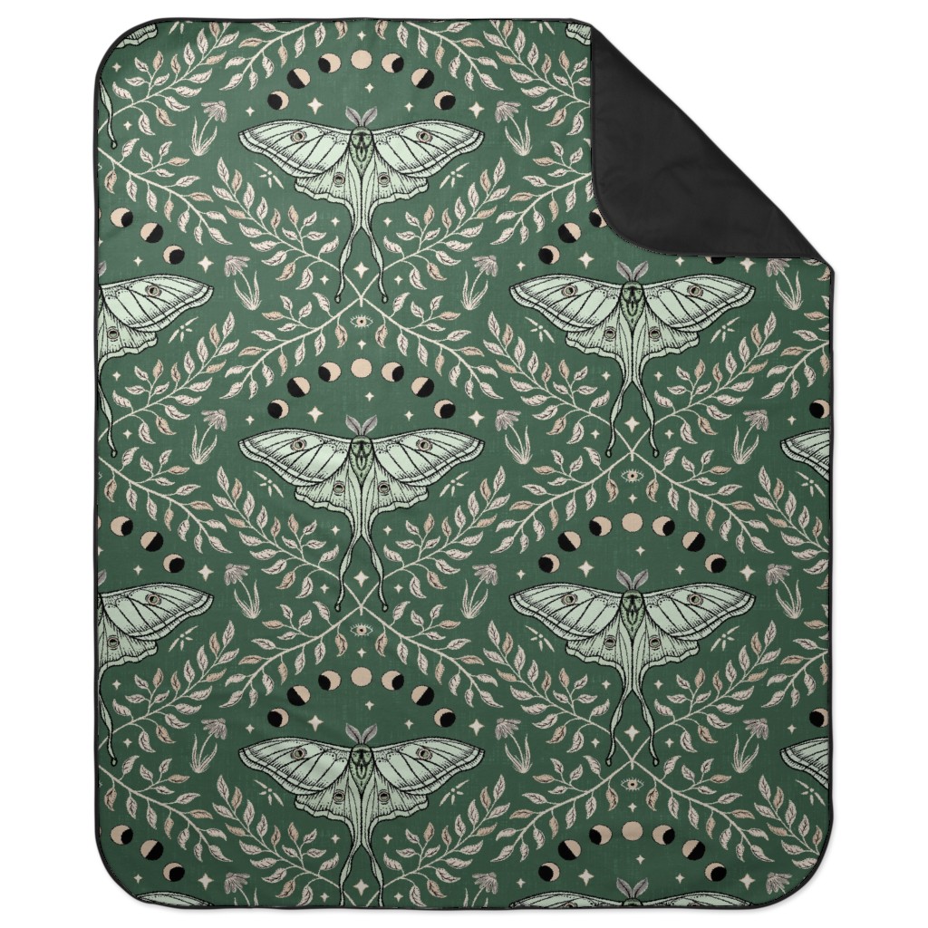 Luna Moths Damask - Green Picnic Blanket, Green