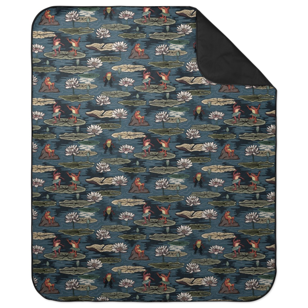 Quirky Frogs Dancing in the Moonlight on Lily Pads Picnic Blanket, Blue