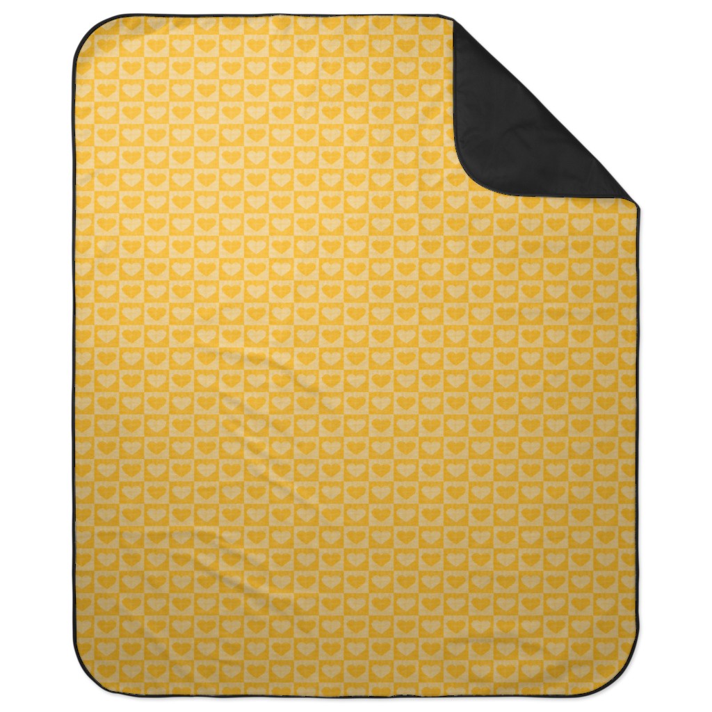 Love Hearts Check - Yellow Picnic Blanket, Yellow