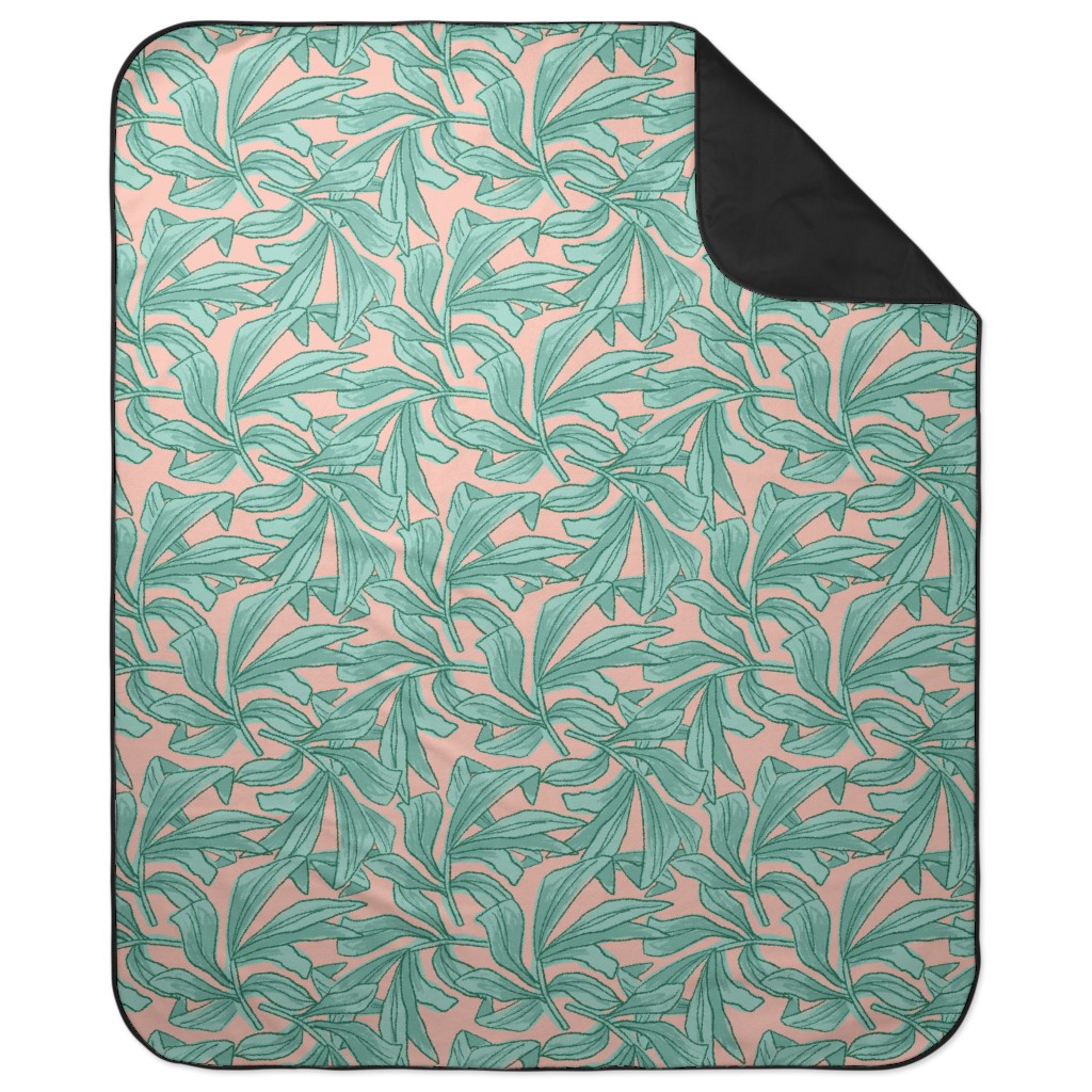Lush Tropical Leaves - Pink and Mint Picnic Blanket, Green