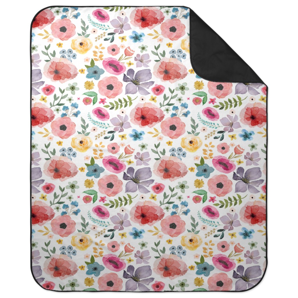 Floral Fiesta on White Picnic Blanket, Multicolor