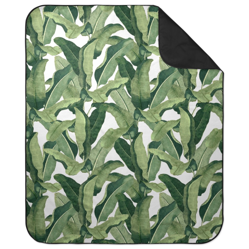 Tropical Leaves - Greens on White Picnic Blanket, Green
