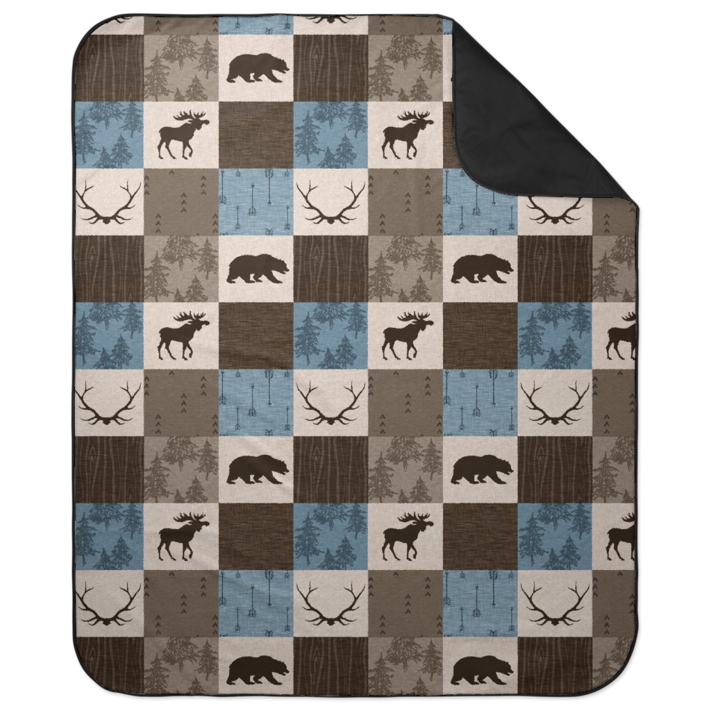 Rustic Woodlands - Blue, Brown and Cream Picnic Blanket, Brown