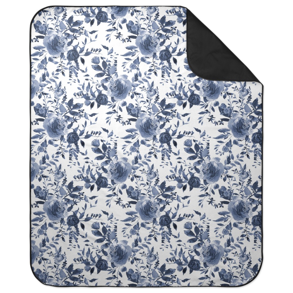 Blue and White Florals - Indigo Picnic Blanket, Blue, True Blue