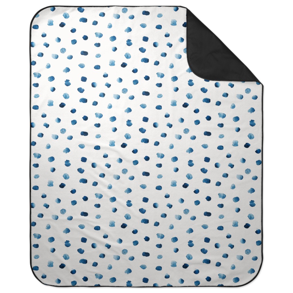 Cobalt Watercolor Spots on White Picnic Blanket, Blue, True Blue