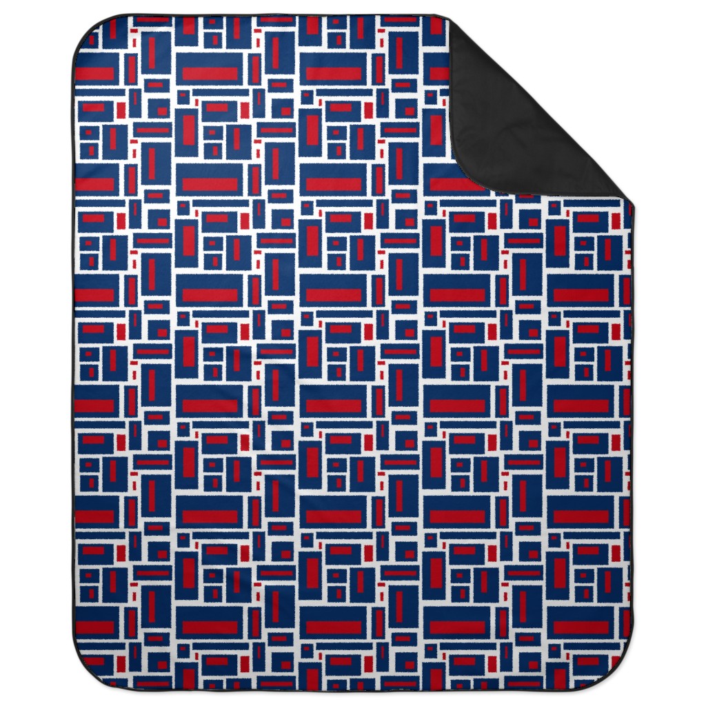 Geometric Rectangles in Red, White and Blue Picnic Blanket, Blue
