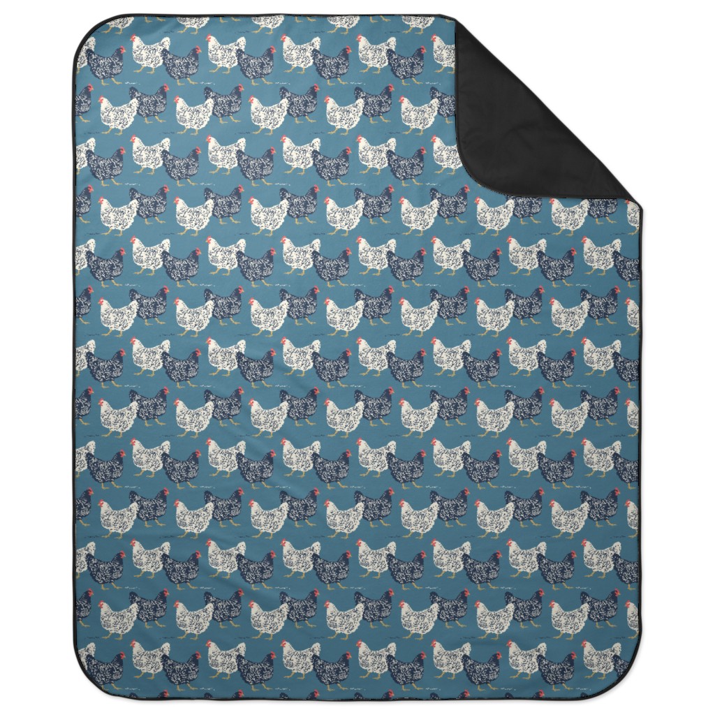 Farmhouse Chickens on Blue Picnic Blanket, Blue