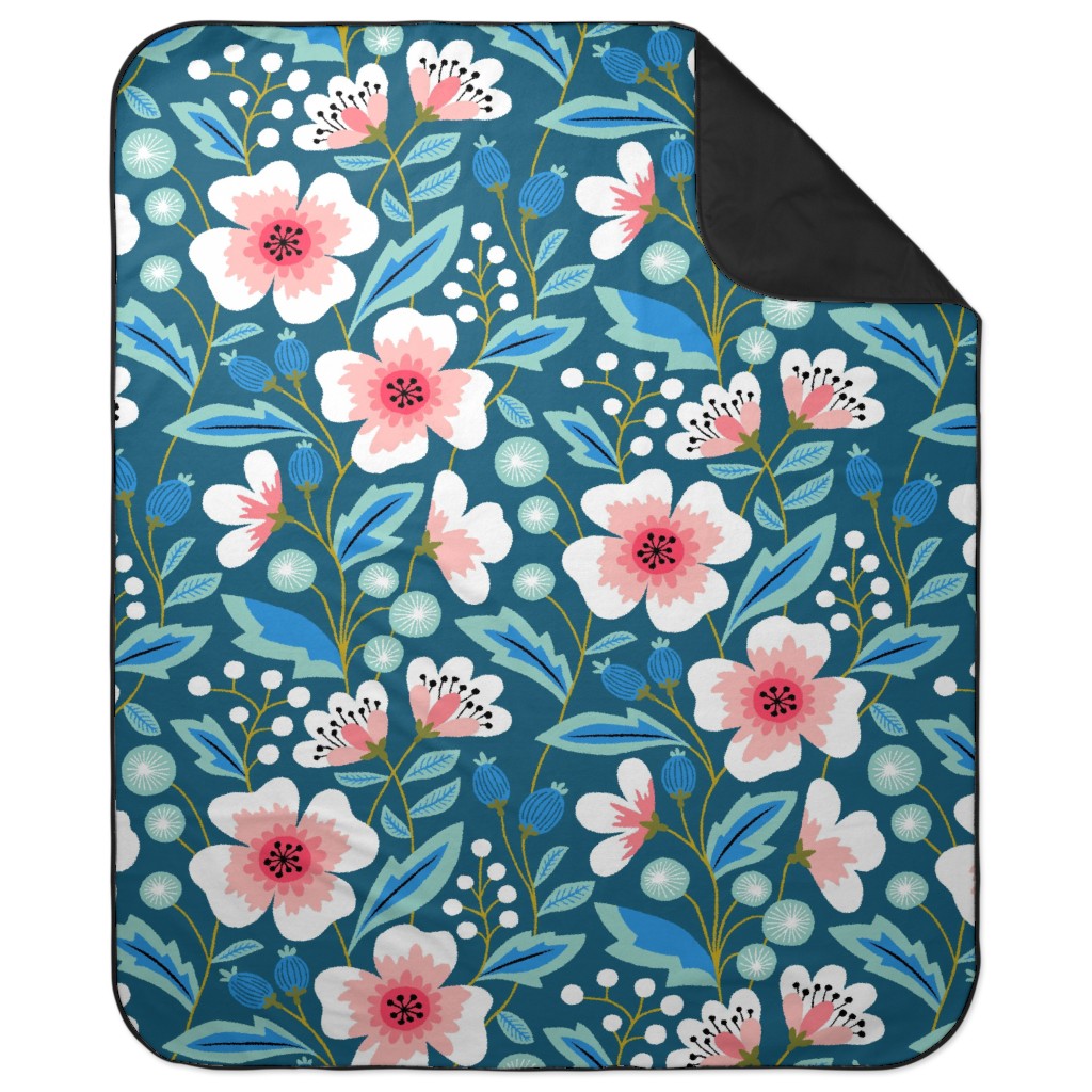 Colorful Spring Flowers - Pink on Blue Picnic Blanket, Green