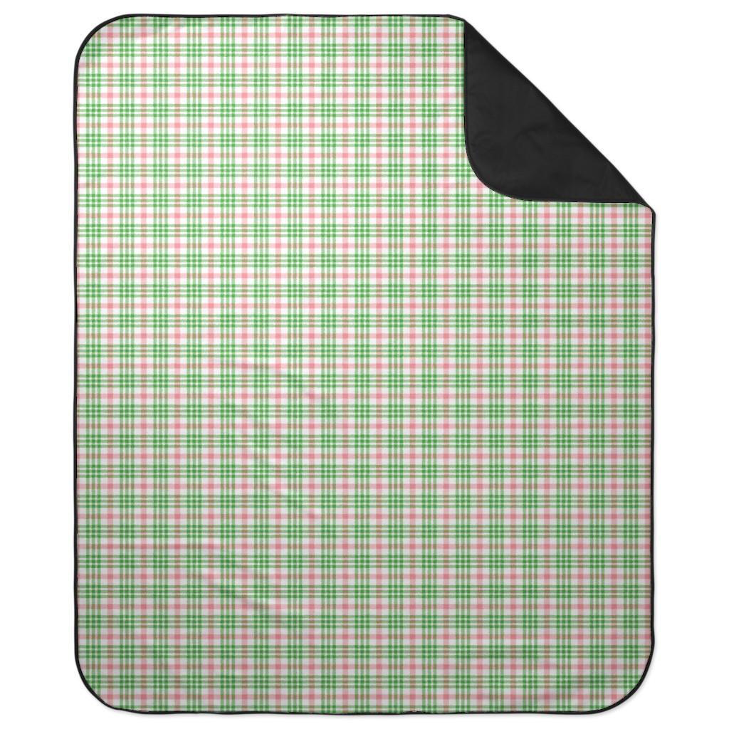 Pink, Green, and White Plaid Picnic Blanket, Green