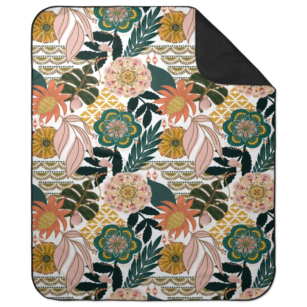 Boho Tropical Picnic Blanket, Multicolor, White