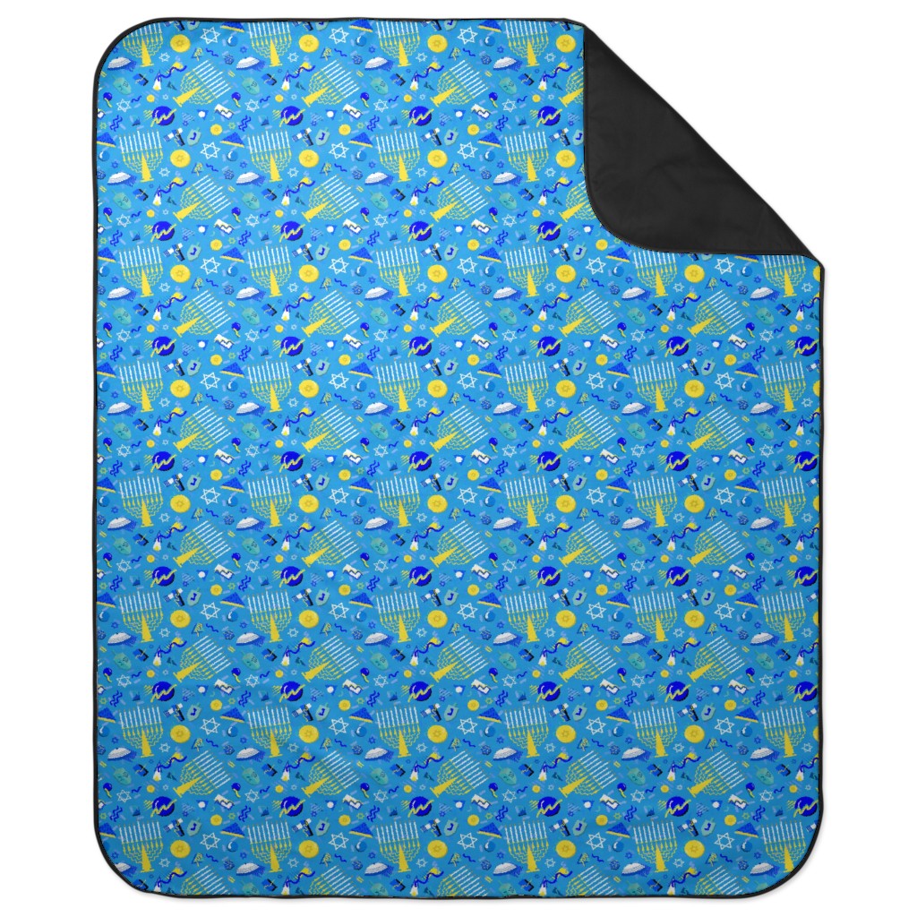 80s Hanukkah Celebration - Blue Picnic Blanket, Blue