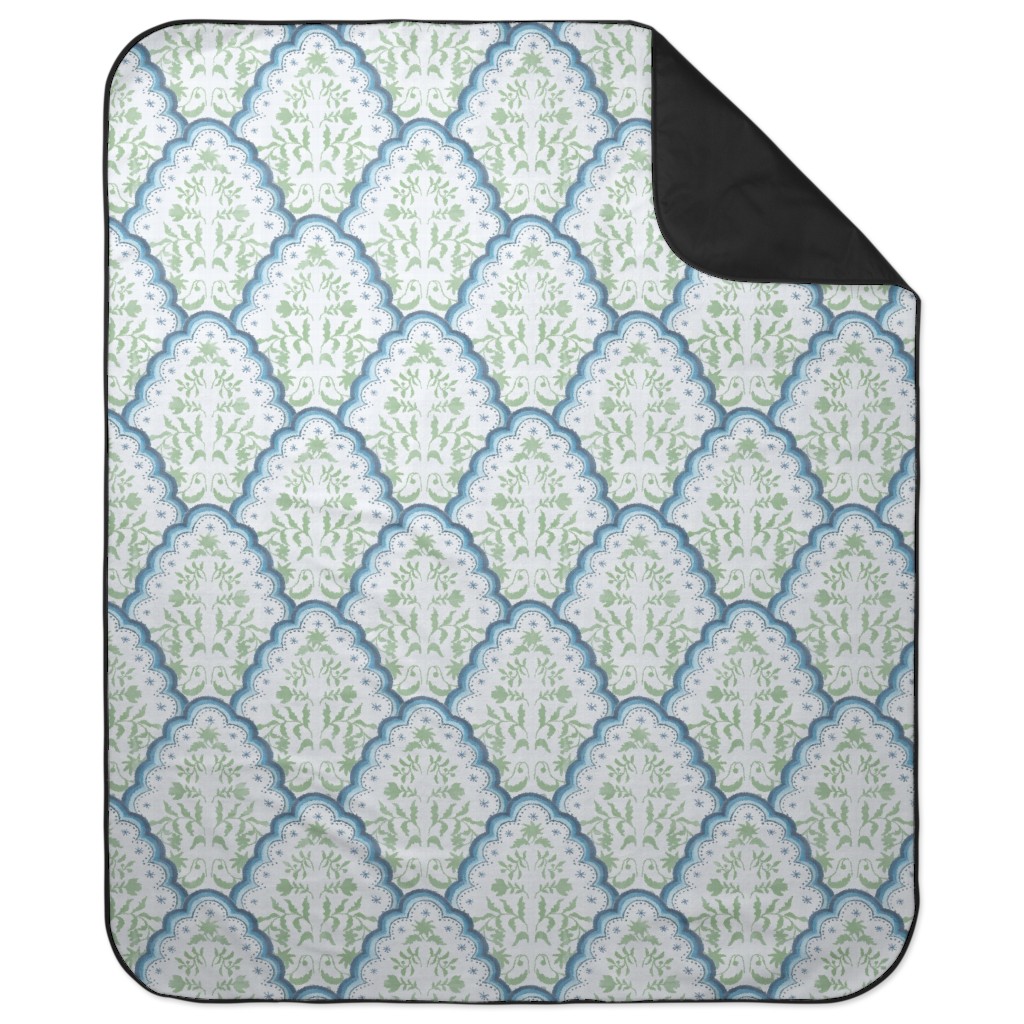Scallop Paisley - Blue and Green Picnic Blanket, Green