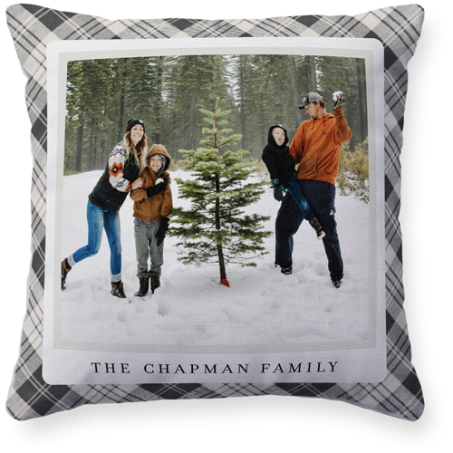 Neutral Plaid Frame Pillow, Woven, White, 16x16, Double Sided, Gray