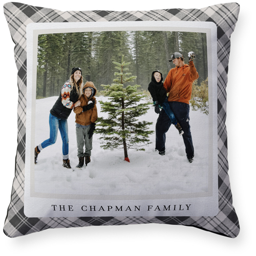 Neutral Plaid Frame Pillow, Woven, Black, 16x16, Single Sided, Gray, charcoal