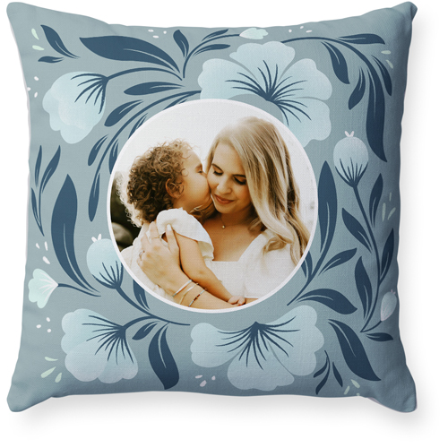 Novelty Floral Frame Pillow, Woven, White, 18x18, Double Sided, Blue