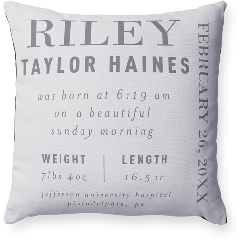 Baby Stats Pillow, Woven, Black, 18x18, Single Sided, Gray