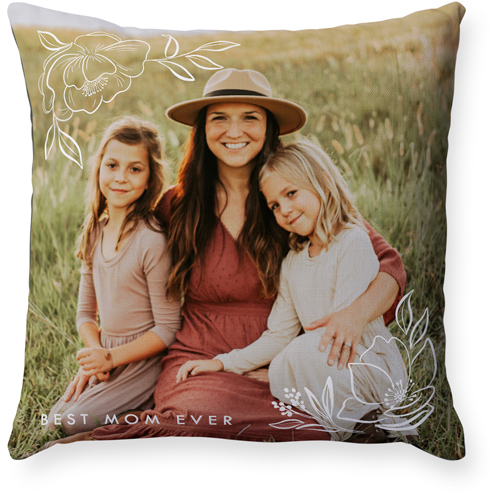 Floral Corners Pillow, Woven, Black, 18x18, Single Sided, White, white