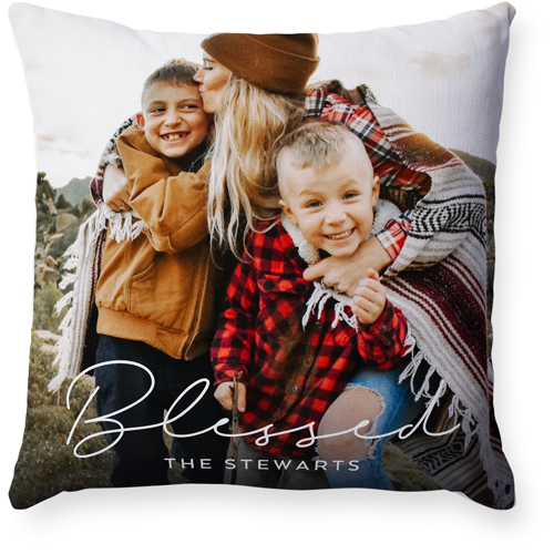 Modern Blessed Script Pillow, Woven, Beige, 18x18, Single Sided, White, white
