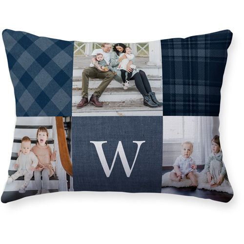 Patchwork Monogram Pillow, Woven, Beige, 12x16, Single Sided, Blue, navy