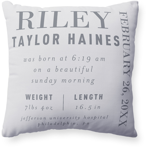 Baby Stats Pillow, Woven, Beige, 20x20, Single Sided, Gray