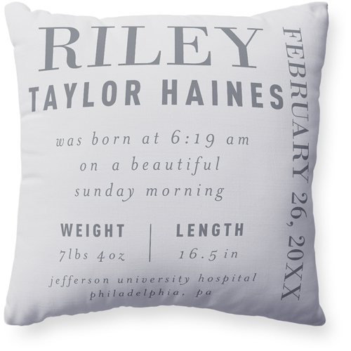 Baby Stats Pillow, Woven, Beige, 20x20, Single Sided, Gray, silver lining