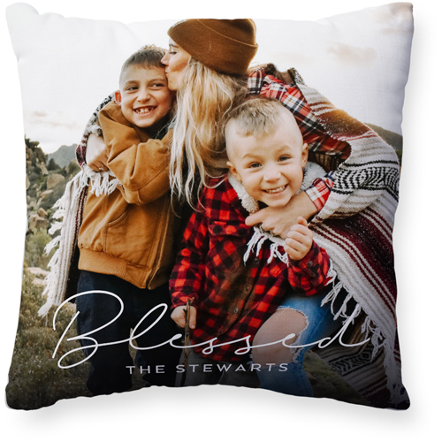 Modern Blessed Script Pillow, Woven, White, 20x20, Double Sided, White, white