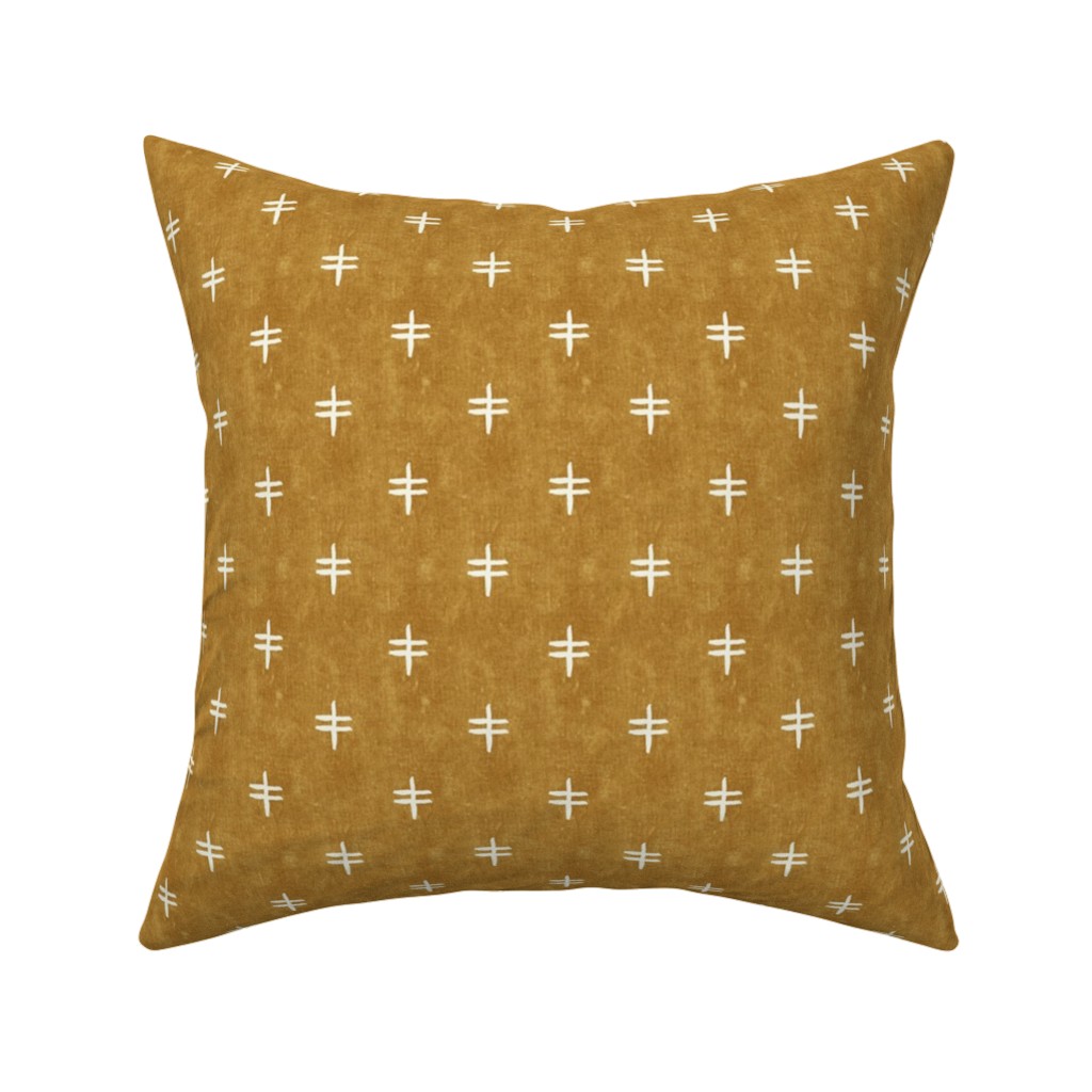 Double Cross Mudcloth Tribal - Mustard Yellow Pillow, Woven, Beige, 16x16, Single Sided, Brown