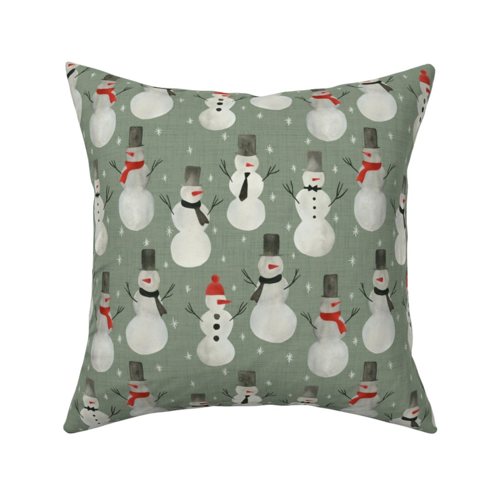 Watercolor Snowmen on Sage Pillow, Woven, Beige, 16x16, Single Sided, Green, Classic Green