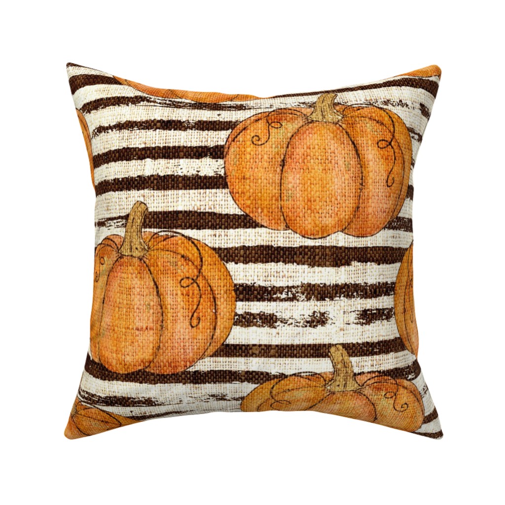 Painted Pumpkins on Distressed Stripes - Orange and Black Pillow, Woven, Beige, 16x16, Single Sided, Orange