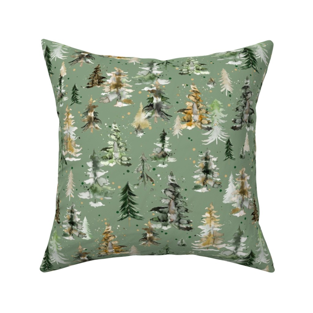 Watercolor Pines and Spruces Christmas - Green Pillow, Woven, Beige, 16x16, Single Sided, Green, Classic Green