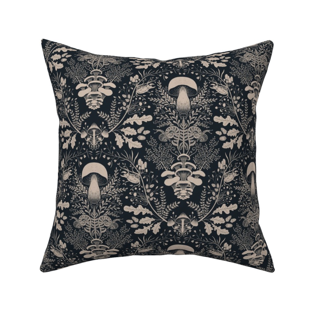 Mushroom Forest Damask - Dark Pillow, Woven, Beige, 16x16, Single Sided, Black