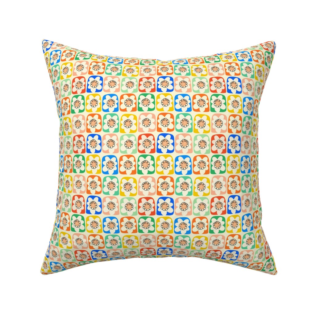 Abstract Retro Flower Doodle Squares - Multi Pillow, Woven, Beige, 16x16, Single Sided, Multicolor